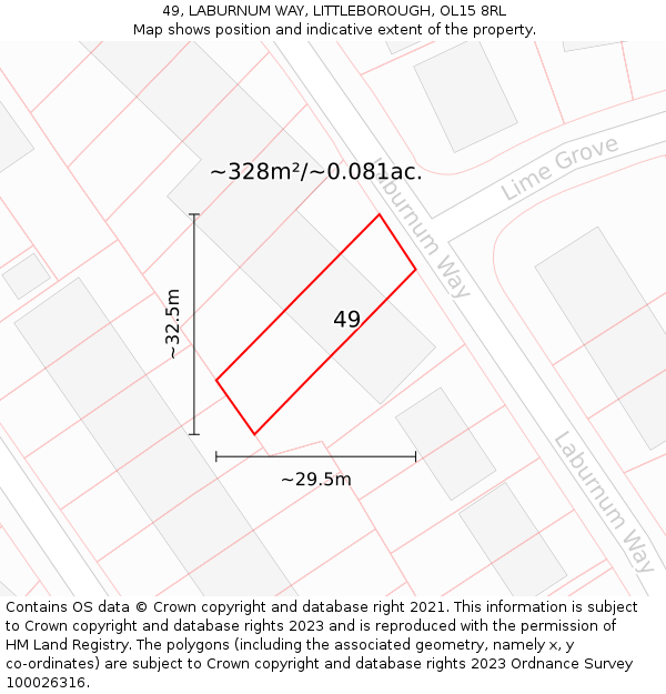 49, LABURNUM WAY, LITTLEBOROUGH, OL15 8RL: Plot and title map