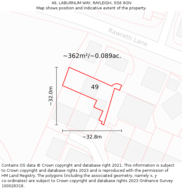 49, LABURNUM WAY, RAYLEIGH, SS6 9GN: Plot and title map