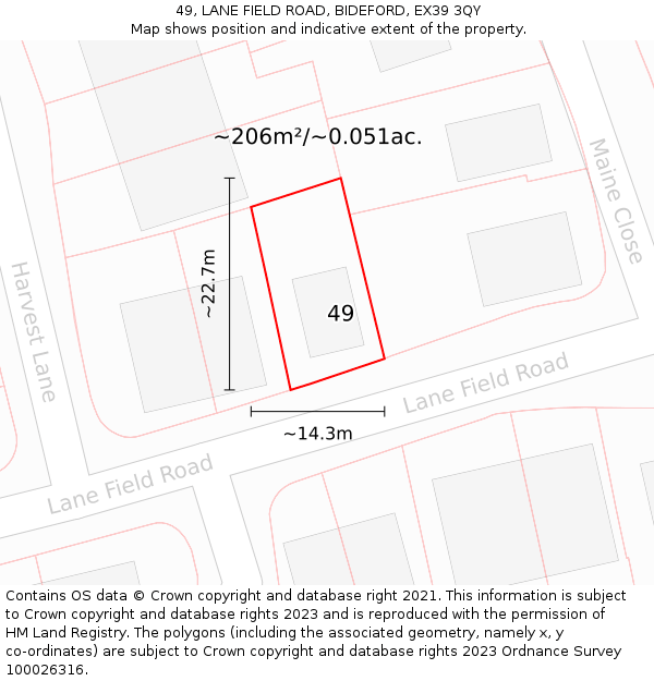 49, LANE FIELD ROAD, BIDEFORD, EX39 3QY: Plot and title map