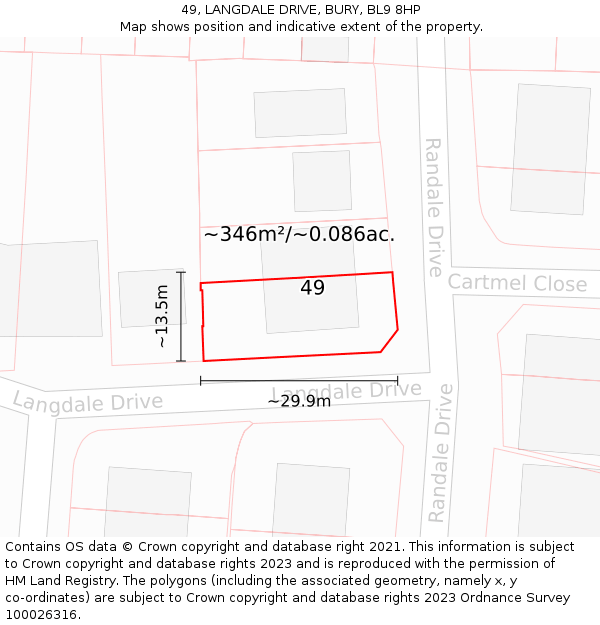 49, LANGDALE DRIVE, BURY, BL9 8HP: Plot and title map