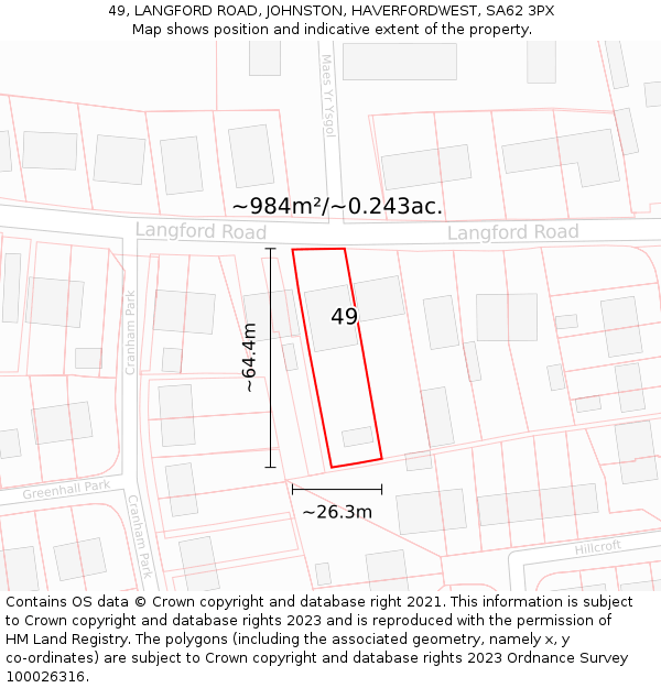 49, LANGFORD ROAD, JOHNSTON, HAVERFORDWEST, SA62 3PX: Plot and title map