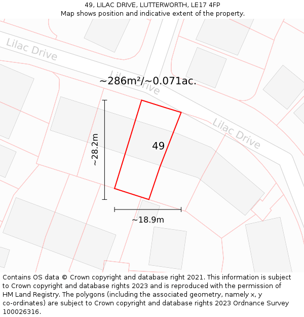 49, LILAC DRIVE, LUTTERWORTH, LE17 4FP: Plot and title map