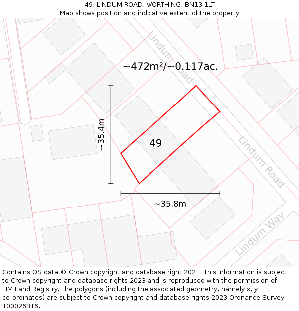 49, LINDUM ROAD, WORTHING, BN13 1LT: Plot and title map