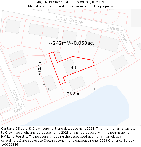 49, LINUS GROVE, PETERBOROUGH, PE2 8FX: Plot and title map