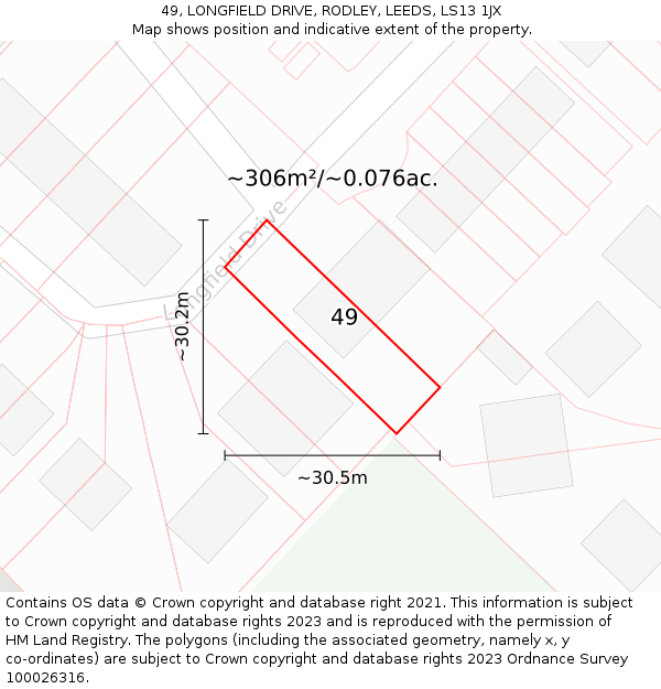 49, LONGFIELD DRIVE, RODLEY, LEEDS, LS13 1JX: Plot and title map