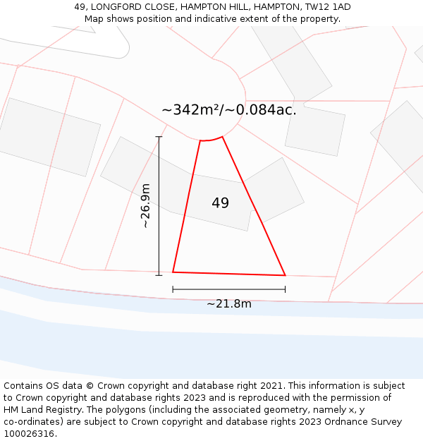 49, LONGFORD CLOSE, HAMPTON HILL, HAMPTON, TW12 1AD: Plot and title map