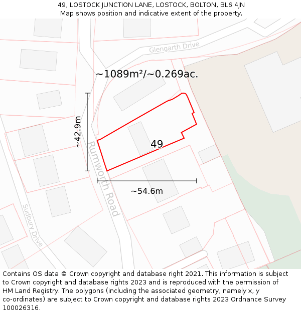 49, LOSTOCK JUNCTION LANE, LOSTOCK, BOLTON, BL6 4JN: Plot and title map