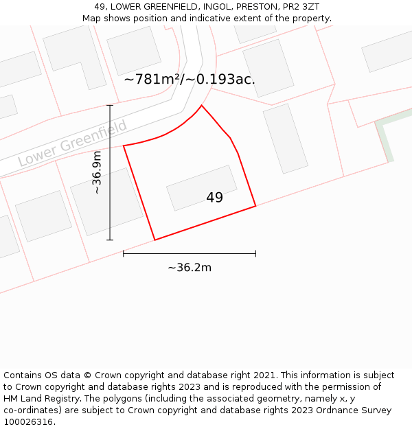 49, LOWER GREENFIELD, INGOL, PRESTON, PR2 3ZT: Plot and title map