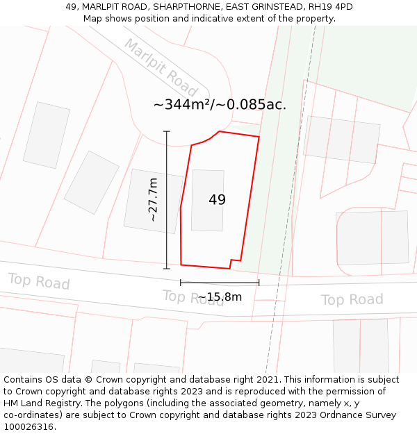 49, MARLPIT ROAD, SHARPTHORNE, EAST GRINSTEAD, RH19 4PD: Plot and title map
