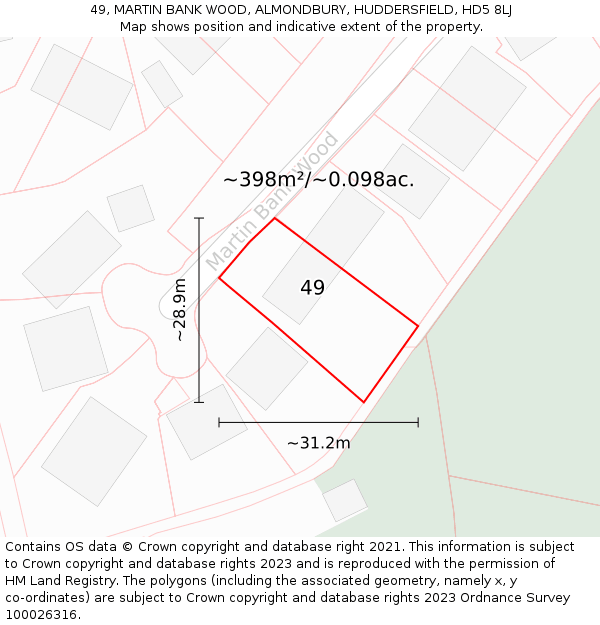 49, MARTIN BANK WOOD, ALMONDBURY, HUDDERSFIELD, HD5 8LJ: Plot and title map