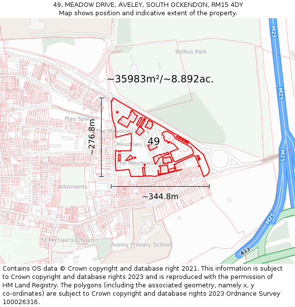 49, MEADOW DRIVE, AVELEY, SOUTH OCKENDON, RM15 4DY: Plot and title map