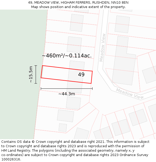 49, MEADOW VIEW, HIGHAM FERRERS, RUSHDEN, NN10 8EN: Plot and title map
