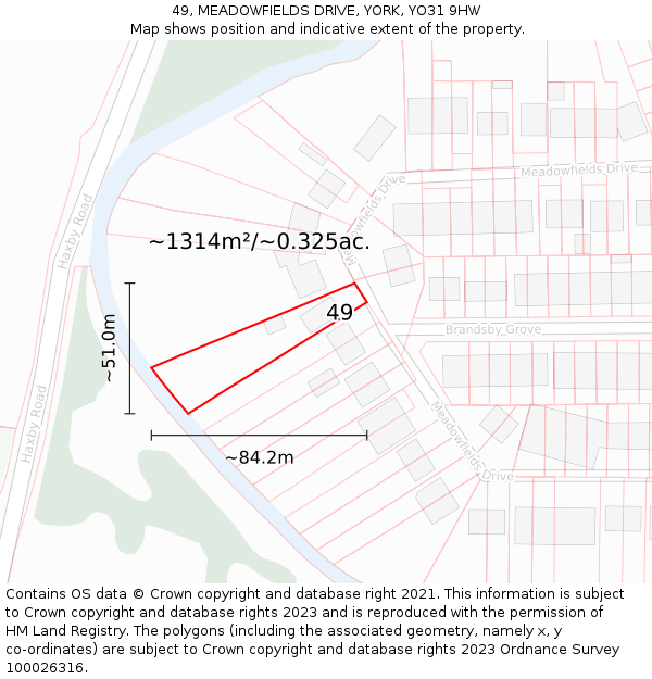 49, MEADOWFIELDS DRIVE, YORK, YO31 9HW: Plot and title map