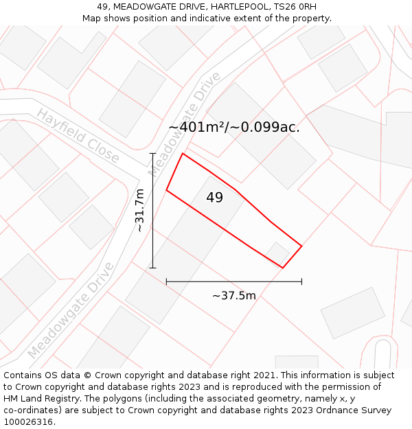 49, MEADOWGATE DRIVE, HARTLEPOOL, TS26 0RH: Plot and title map