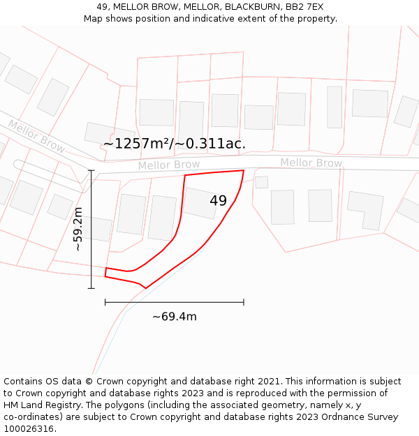 49, MELLOR BROW, MELLOR, BLACKBURN, BB2 7EX: Plot and title map