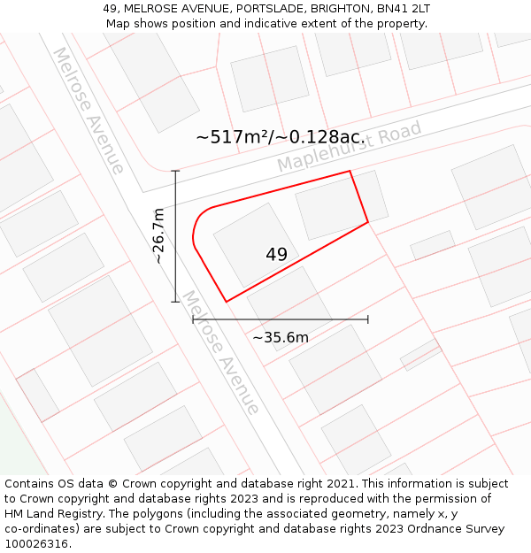 49, MELROSE AVENUE, PORTSLADE, BRIGHTON, BN41 2LT: Plot and title map