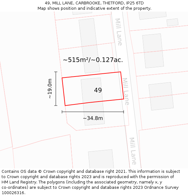 49, MILL LANE, CARBROOKE, THETFORD, IP25 6TD: Plot and title map