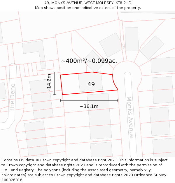 49, MONKS AVENUE, WEST MOLESEY, KT8 2HD: Plot and title map