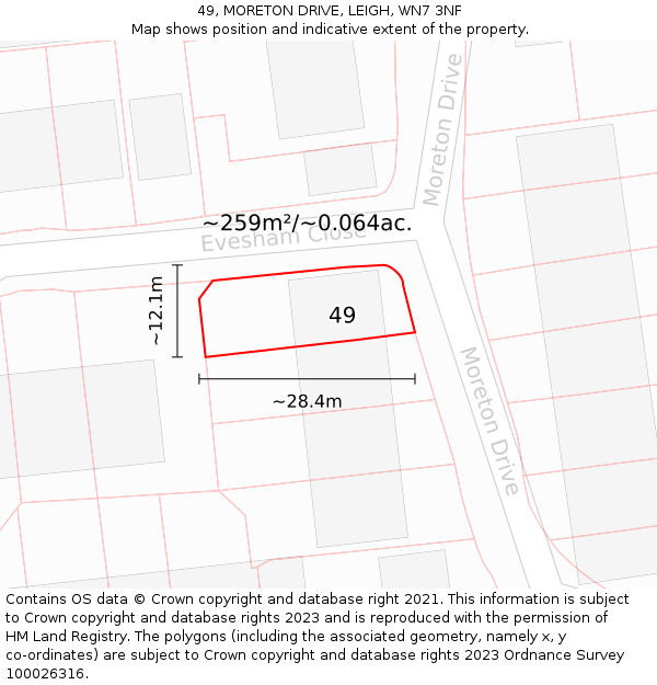 49, MORETON DRIVE, LEIGH, WN7 3NF: Plot and title map