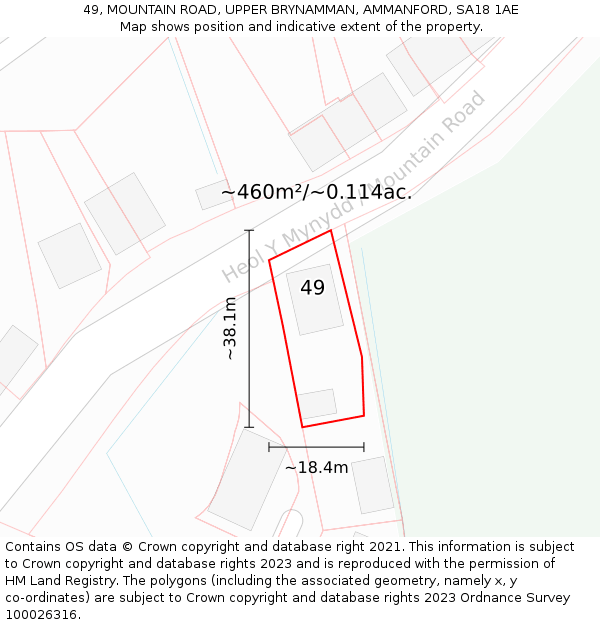49, MOUNTAIN ROAD, UPPER BRYNAMMAN, AMMANFORD, SA18 1AE: Plot and title map