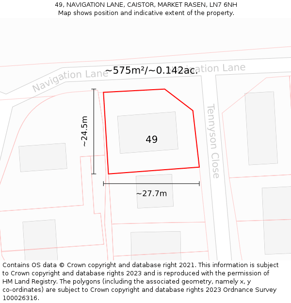 49, NAVIGATION LANE, CAISTOR, MARKET RASEN, LN7 6NH: Plot and title map