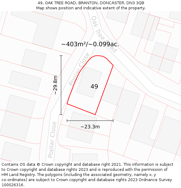 49, OAK TREE ROAD, BRANTON, DONCASTER, DN3 3QB: Plot and title map