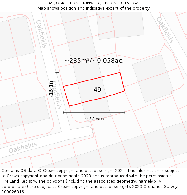 49, OAKFIELDS, HUNWICK, CROOK, DL15 0GA: Plot and title map
