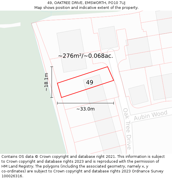 49, OAKTREE DRIVE, EMSWORTH, PO10 7UJ: Plot and title map