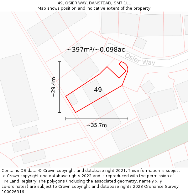 49, OSIER WAY, BANSTEAD, SM7 1LL: Plot and title map