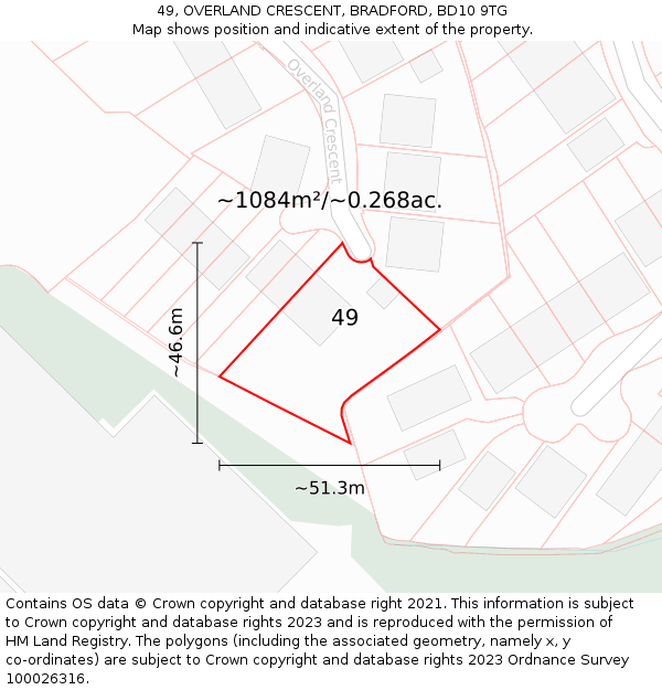 49, OVERLAND CRESCENT, BRADFORD, BD10 9TG: Plot and title map