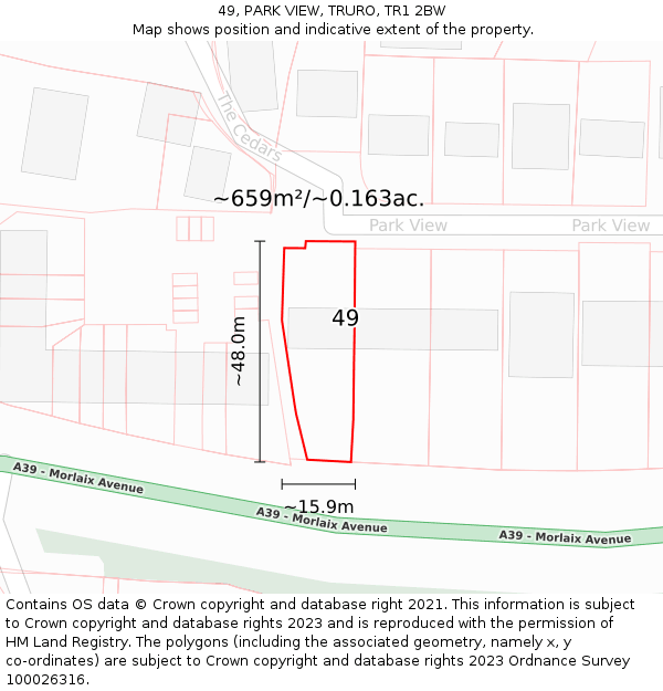 49, PARK VIEW, TRURO, TR1 2BW: Plot and title map