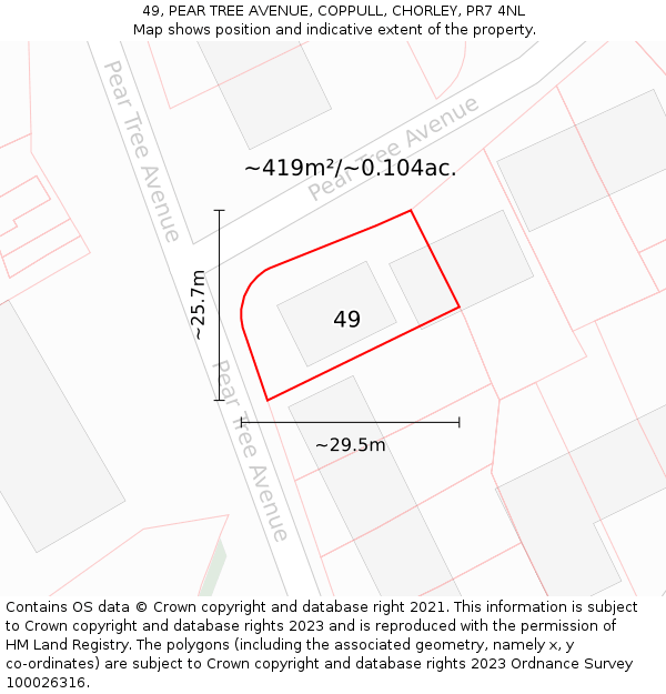 49, PEAR TREE AVENUE, COPPULL, CHORLEY, PR7 4NL: Plot and title map