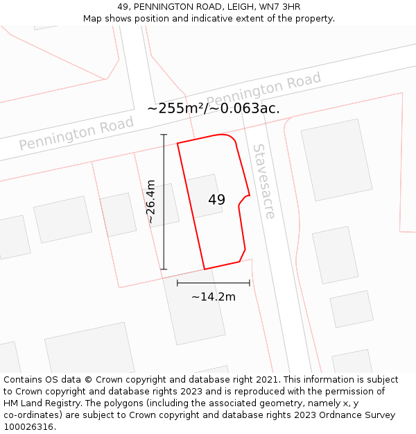 49, PENNINGTON ROAD, LEIGH, WN7 3HR: Plot and title map
