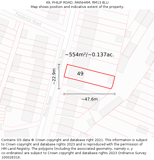 49, PHILIP ROAD, RAINHAM, RM13 8LU: Plot and title map