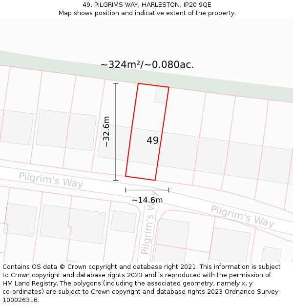 49, PILGRIMS WAY, HARLESTON, IP20 9QE: Plot and title map