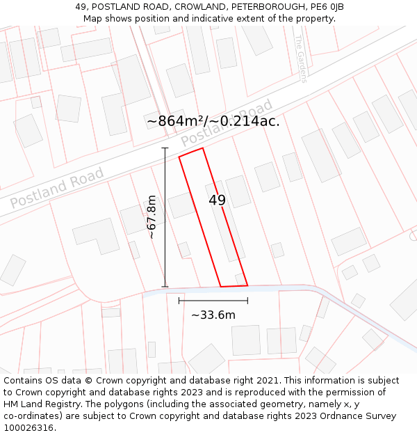 49, POSTLAND ROAD, CROWLAND, PETERBOROUGH, PE6 0JB: Plot and title map