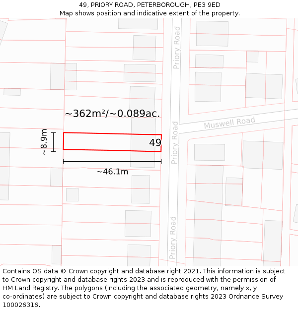 49, PRIORY ROAD, PETERBOROUGH, PE3 9ED: Plot and title map