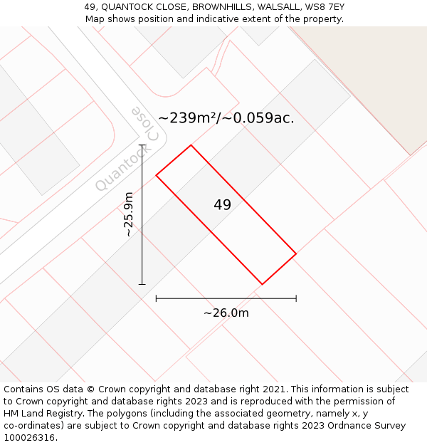 49, QUANTOCK CLOSE, BROWNHILLS, WALSALL, WS8 7EY: Plot and title map