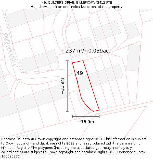 49, QUILTERS DRIVE, BILLERICAY, CM12 9YE: Plot and title map
