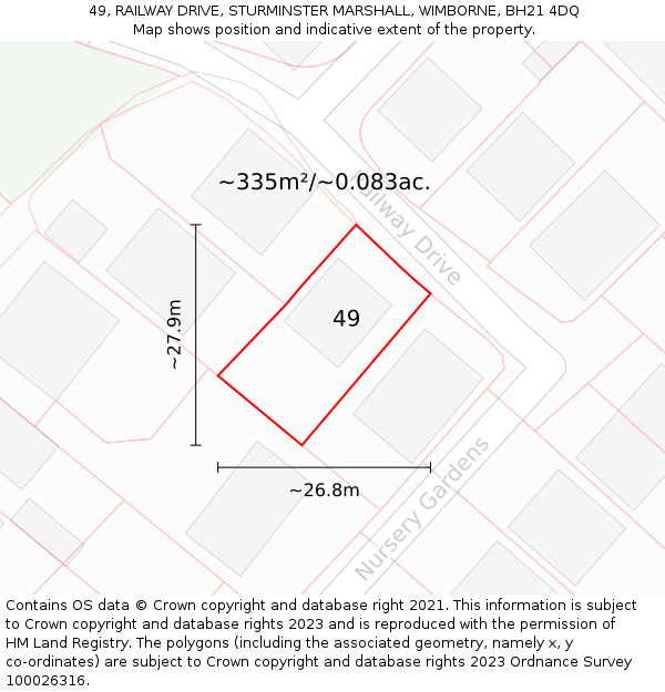 49, RAILWAY DRIVE, STURMINSTER MARSHALL, WIMBORNE, BH21 4DQ: Plot and title map