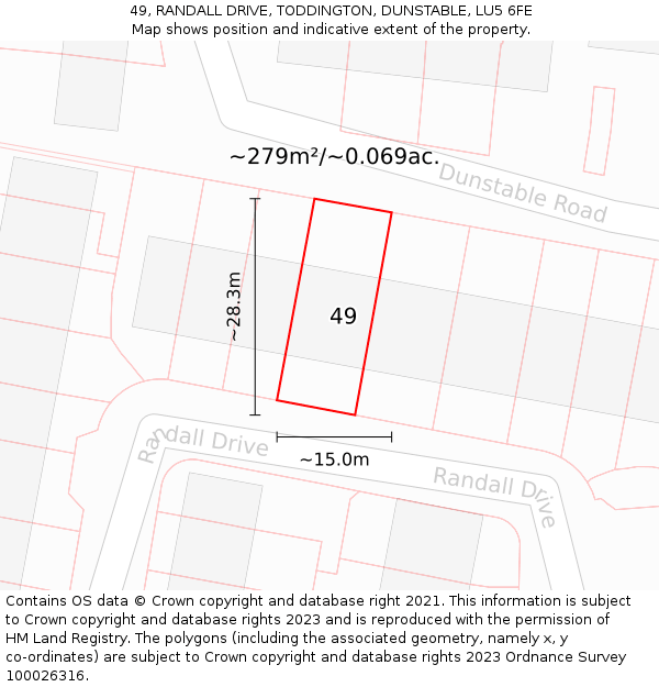 49, RANDALL DRIVE, TODDINGTON, DUNSTABLE, LU5 6FE: Plot and title map