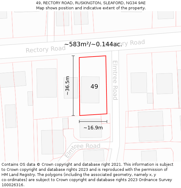 49, RECTORY ROAD, RUSKINGTON, SLEAFORD, NG34 9AE: Plot and title map