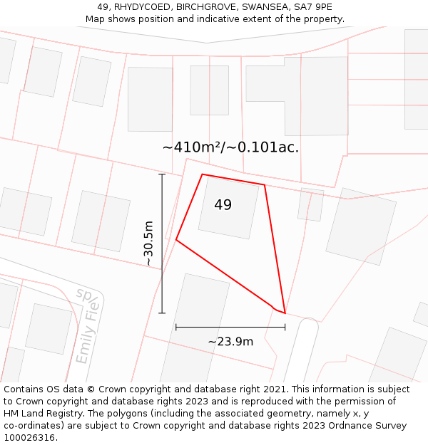49, RHYDYCOED, BIRCHGROVE, SWANSEA, SA7 9PE: Plot and title map