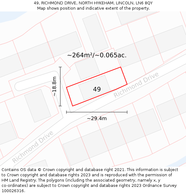49, RICHMOND DRIVE, NORTH HYKEHAM, LINCOLN, LN6 8QY: Plot and title map