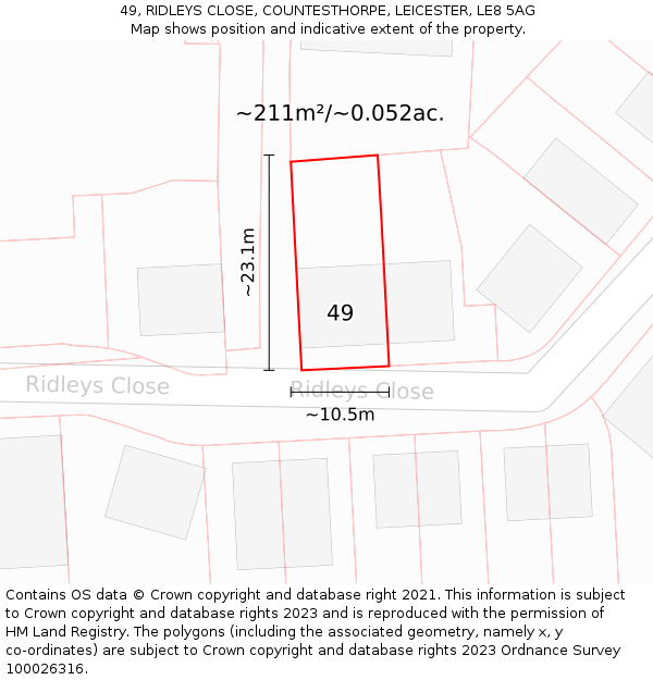 49, RIDLEYS CLOSE, COUNTESTHORPE, LEICESTER, LE8 5AG: Plot and title map