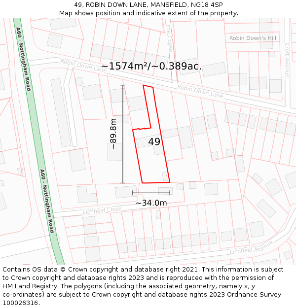 49, ROBIN DOWN LANE, MANSFIELD, NG18 4SP: Plot and title map