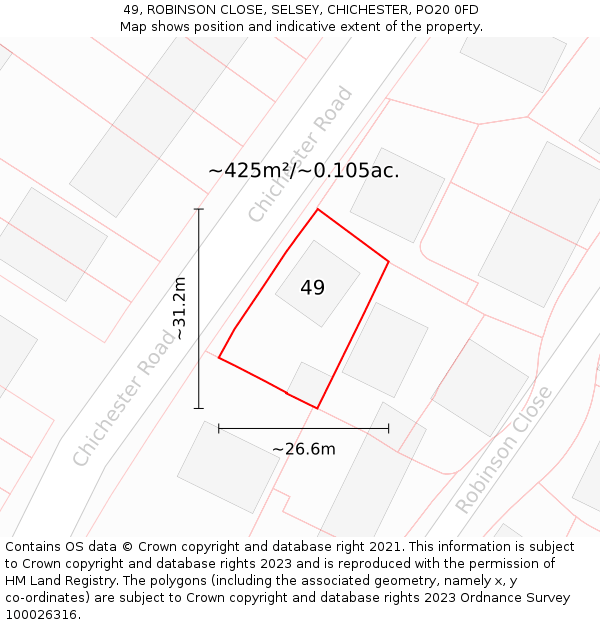49, ROBINSON CLOSE, SELSEY, CHICHESTER, PO20 0FD: Plot and title map