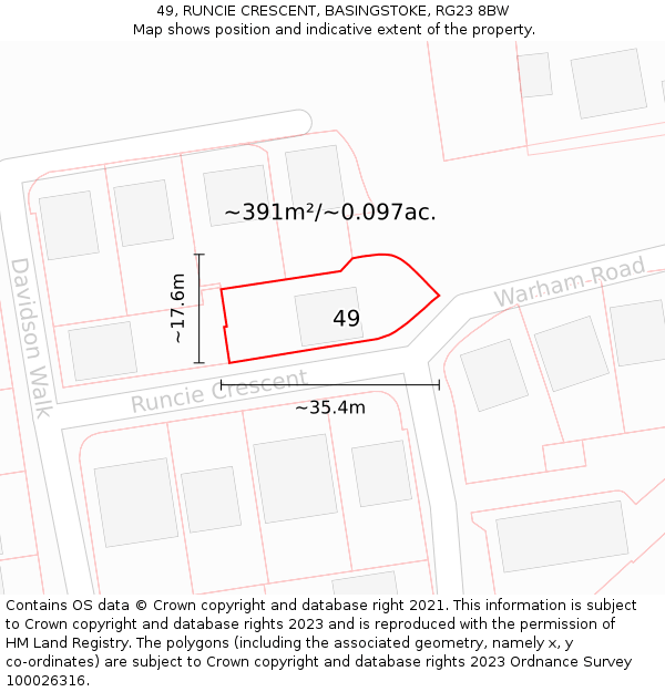 49, RUNCIE CRESCENT, BASINGSTOKE, RG23 8BW: Plot and title map