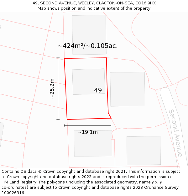 49, SECOND AVENUE, WEELEY, CLACTON-ON-SEA, CO16 9HX: Plot and title map