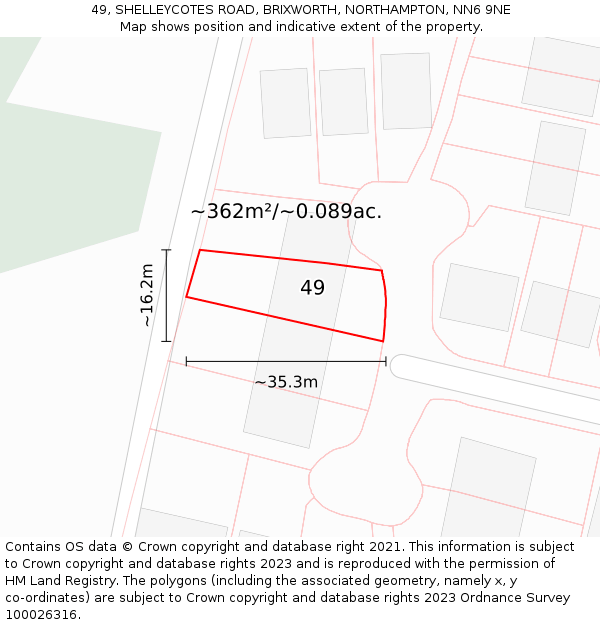 49, SHELLEYCOTES ROAD, BRIXWORTH, NORTHAMPTON, NN6 9NE: Plot and title map
